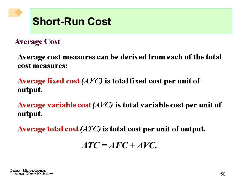50 Short-Run Cost Average Cost Average cost measures can be derived from each of